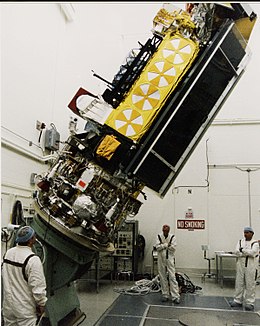 NOAA-L satellite tilted in Vandenberg AFB clean room.jpg