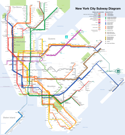 The current New York City Subway rail system map. The Staten Island Railway (on the bottom left portion of the map) is also owned by the MTA, and is operated by the Department of Subways, but is a separate system. AirTrain JFK (the dark green line at the middle right) and PATH (both light purple lines at the middle left) are operated by the Port Authority of New York and New Jersey NYC subway-4D.svg