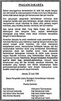 Naskah Piagam Jakarta yang ditulis dengan menggunakan Ejaan yang Disempurnakan. Kalimat yang mengandung "tujuh kata" yang terkenal dicetak tebal dalam gambar ini
