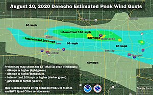 Map of central and eastern Iowa showing wind speeds varying from 60-120mph regions marked