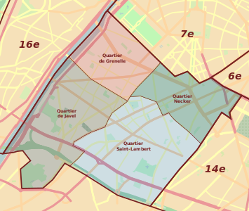 De fyra administrativa distrikten i Paris femtonde arrondissement.