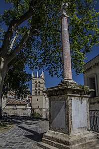 Croix sur stèle et cathédrale Saint-Pierre de Montpellier