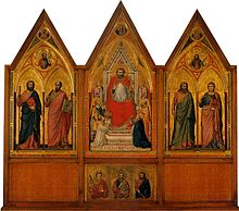 Front face of Giotto's Stefaneschi Triptych, 1320, recursively contains an image of itself (held up by the kneeling figure in the central panel). Polittico stefaneschi, verso.jpg