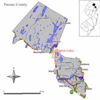 Карта Помптон-Лейкс в округе Пассаик. Врезка: расположение округа Пассаик, выделенного в штате Нью-Джерси.
