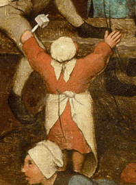 A girl holding up a four-sided teetotum on Pieter Brueghel's Children's Games (1560)