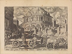 Maarten van Heemskerck (1498-1574), Philip Galle (1537-1612), The Chaldeans Carrying Away the Pillars of the Temple of Jerusalem, The Disasters of the Jewish People (1569) The Chaldeans Carrying Away the Pillars of the Temple of Jerusalem, from The Disasters of the Jewish People, plate 17 MET DP300234.jpg