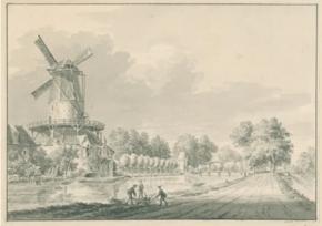 Dessin en noir et blanc d'une voie d'eau bordée d'arbres et de champs un moulin à vent se dressant sur une fortification sur la rive gauche, trois personnages s'attelant à une embarcation sur la rive droite.