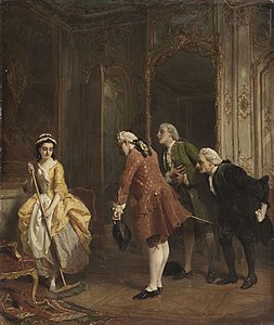 Escena de una cortesana con una criada y tres elegantes caballeros (1859)