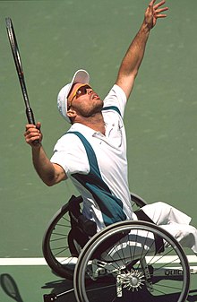 Hall serves the ball during 2000 Summer Paralympics match 141100 - Wheelchair tennis David Hall serves - 3b - 2000 Sydney match photo.jpg