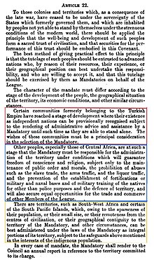 Article 22 of the Covenant of the League of Nations, highlighting the three mandate classes:
Red: Class A (ex Ottoman)
Blue: Class B (ex German Central Africa)
Yellow: Class C (ex German South West Africa and Pacific) Article 22 of Covenant of the League of Nations, highlighting the three mandate classes.jpg
