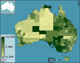 Uniting Church members as a percentage of the total population in the 2011 census, divided geographically by local area Australian Census 2011 demographic map - Australia by SLA - BCP field 2763 Christianity Uniting Church Persons.svg