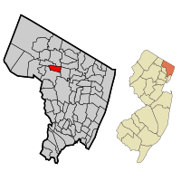 Location of Ho-Ho-Kus in Bergen County highlighted in red (left). Inset map: Location of Bergen County in New Jersey highlighted in orange (right).
