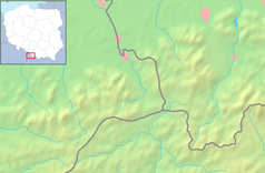 Mapa konturowa Beskidu Śląskiego, blisko centrum u góry znajduje się czarny trójkącik z opisem „Czantoria Wielka”