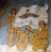 Texian soldiers fighting in the Battle of Gonzales, the first battle of the Texas Revolution Come And Take It Mural.jpg