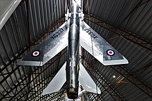 Lightning F.1, serial XG337 on display at the Royal Air Force Museum Cosford Cosford- Royal Air Force Museum- English Electric Lightning suspended from the ceiling (geograph 5765866).jpg