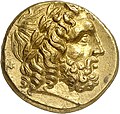 Gold (Stater). Avers. 8,58 g; 18 mm; 6 h. Ca. 276-272 v. Chr. Kopf des Zeus mit Lorbeerkranz nach r.[93]