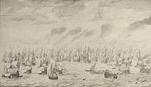 The Battle of Scheveningen in 1653 during the First Anglo-Dutch War De slag bij Terheide - The Battle of Schevening - August 10 1653 (Willem van de Velde I, 1657).jpg