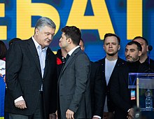 Zelenskyy and then-president of Ukraine Petro Poroshenko, April 2019 Debates of Petro Poroshenko and Vladimir Zelensky (2019-04-19) 02.jpg