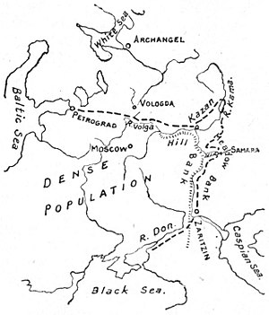 Fig. 27.—Showing the limits of the denser Russian population - - - - - - -.