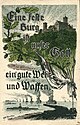 Ansichtskarte mit der Wartburg in Kombination mit deutschen Kriegsschiffen und U-Booten sowie dem Text: „Eine feste Burg ist unser Gott, ein’ gute Wehr und Waffen.“