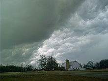Severe thunderstorms containing hail can exhibit a characteristic green coloration Hail clouds.jpg
