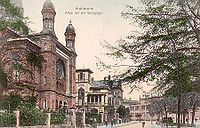 Blick entlang der Heilbronner Allee nach Süden. Im linken Bildvordergrund die Synagoge, dahinter die Villa Gfrörer (1908).