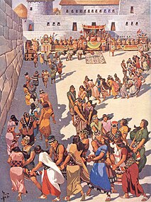 Un serpent géant multicolore est représenté dans la Danse du Serpent sur la Plaza de Cuzco. Cette « danse du Serpent » est reprise par Hergé, faite par des Incas avant le lancement du bûcher[156]. Hergé reprend la tribune d'arrière-plan avec le trône et son baldaquin pour le trône de l'Inca dans le temple du Soleil[153].