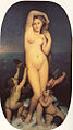 Ingres, Venus Anadiómena, segle xix. Anadiómena vol dir "nascuda de l'escuma", un episodi sovint representat. Hi trobem les deformacions corporals (fixeu-vos, per exemple, en el braç esquerre de la deessa, a l'alçada del pit) típiques del pintor.