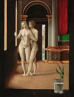 Jacopo de' Barbari, Naked Lovers, reverse side of the Portrait of a German, 1500, Gemäldegalerie, Berlin. The woman with pose and gesture comparable to Eve's.