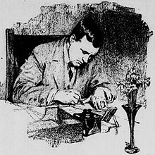 Black and white sketch of Keeley at his desk writing