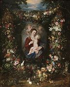 ヤン・ブリューゲル (父), 花と果物に囲まれた聖母子, プラド美術館所蔵;右底部分に角野兎が見られる