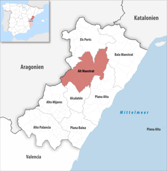 Die Lage der Comarca Alt Maestrat in der Provinz Castellón
