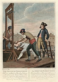 L'exécution de Robespierre, le 28 juillet 1794, représentée sur une gravure anglaise à charge. (définition réelle 3 081 × 4 313)