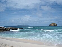 Waves and currents shape the intertidal shoreline, eroding the softer rocks and transporting and grading loose particles into shingles, sand or mud La Desirade.JPG