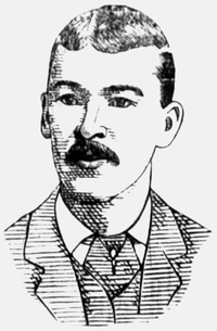 A black and white portrait illustration of a man with a mustache wearing a striped coat and tie