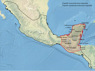 Карта крупнейших городов майя. Царство Шукууп располагалось на крайнем юго-востоке майяских земель, которые выделены на карте красным цветом
