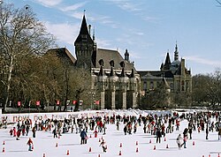 The City Park Ice Rink, located in the City Park; the Vajdahunyad Castle is in the background. Mujegpalya Ice Rink.jpg