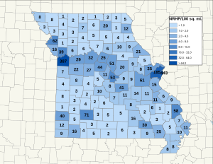 Distribuição de NRHPs nos condados do Missouri.