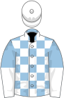 Light blue and white checked, halved sleeves, white cap