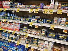 A decision to purchase an analgesic preparation is motivated by the desire to avoid pain (negative motivation). Pain Relievers at Kroger.JPG