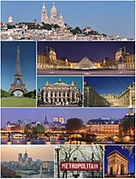 Do topo, em sentido horário: Montmartre; Pirâmide do Louvre; Opéra Garnier e Palácio de Versalhes; panorama urbano de Paris com o rio Sena, a Ponte das Artes e a Torre Eiffel; Arco do Triunfo; placa do metrô de Paris; Catedral de Notre-Dame.