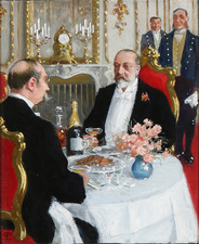 Los reyes Jorge I de Grecia y Eduardo VII de Inglaterra brindando con champán, 1901-1910. Óleo sobre cartón, 26 x 22 cm.