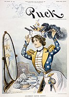 Columbia wearing a warship bearing the words "World Power" as her "Easter bonnet", cover of Puck (April 6, 1901)