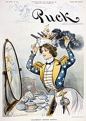 On the cover of Puck published on April 6, 1901, in the wake of gainful victory in the Spanish-American War, Columbia--the National personification of the U.S.--preens herself with an Easter bonnet in the form of a warship bearing the words "World Power" and the word "Expansion" on the smoke coming out of its stack. Puck cover2.jpg