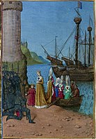 Isabella av Frankrike går i land ved Harwich; miniatyr frå 1455-60 av Jean Fouquet