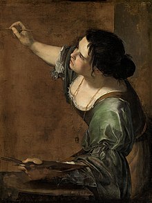A young woman painting, turning to the left of the frame so that only half of her face is visible. She has black hair in a bun and is wearing a brown dress with large green sleaves and a long golden neck. In her hand towards the viewer, there is a palette and brushes. With the other, she is painting..