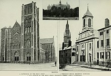 A side-by-side comparison of the new Holy Cross Cathedral in the South End (left) and the old Holy Cross on Franklin Street (right).