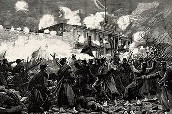 Scènes in Buenos Aires tijdens de revolutie in Argentinië: de gevechten buiten het arsenaal en de kazernes, Plaza Lavalle, de eerste gebouwen die door de opstandelingen in beslag werden genomen (The Graphic, 6 september 1890).