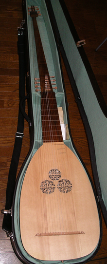 A 14 course theorbo by an italian lute maker Giuseppe Tumiati (2005) inside its case. Photo by User:Pugnari