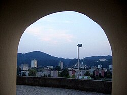 View of Velenje and Velenje Castle from the church in Šmartno pri Velenju to the southwest